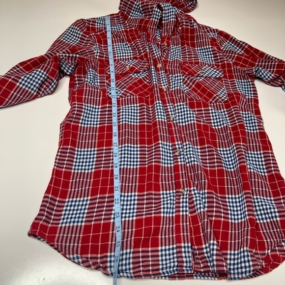NEVADA Red White & Navy Plaid Button-up Flannel Lumberjack Pocket Hoodie Shirt - Picture 11 of 11